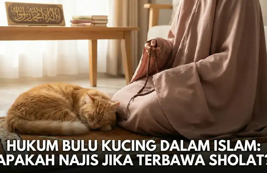 Home 41 Seorang wanita muslimah mengenakan mukena berwarna cokelat sedang duduk di atas sajadah sambil memegang tasbih. Seekor kucing oranye tidur melingkar di sampingnya di atas sajadah yang sama. Latar belakang adalah ruang tamu yang terang dengan meja kayu, tumpukan buku, dan bingkai kaligrafi bertuliskan "La ilaha illallah Muhammadur Rasulullah". Teks putih besar di bagian bawah gambar berbunyi: "HUKUM BULU KUCING DALAM ISLAM: APAKAH NAJIS JIKA TERBAWA SHOLAT?".
