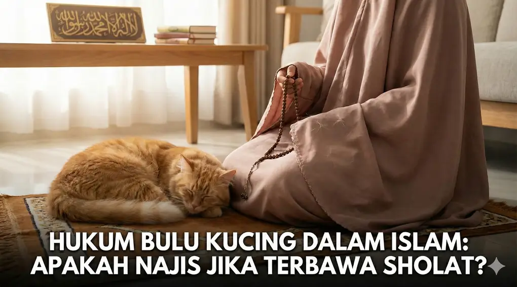 Seorang wanita muslimah mengenakan mukena berwarna cokelat sedang duduk di atas sajadah sambil memegang tasbih. Seekor kucing oranye tidur melingkar di sampingnya di atas sajadah yang sama. Latar belakang adalah ruang tamu yang terang dengan meja kayu, tumpukan buku, dan bingkai kaligrafi bertuliskan "La ilaha illallah Muhammadur Rasulullah". Teks putih besar di bagian bawah gambar berbunyi: "HUKUM BULU KUCING DALAM ISLAM: APAKAH NAJIS JIKA TERBAWA SHOLAT?".