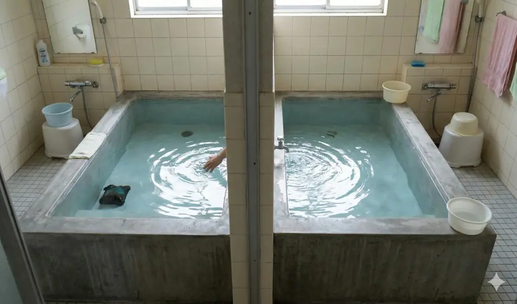 Ilustrasi dua bak mandi kamar mandi yang terhubung dengan lubang saluran besar di tengahnya, menjadikan total volume air keduanya dihitung satu kesatuan mencapai dua qullah.