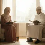 Pasangan suami istri Muslim duduk berjarak membaca Al-Qur'an di ruang tamu yang terang pada siang hari bulan Ramadhan, simbol menahan diri.