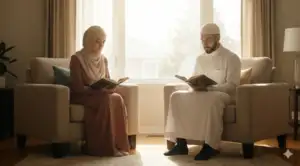 Home 13 Pasangan suami istri Muslim duduk berjarak membaca Al-Qur'an di ruang tamu yang terang pada siang hari bulan Ramadhan, simbol menahan diri.