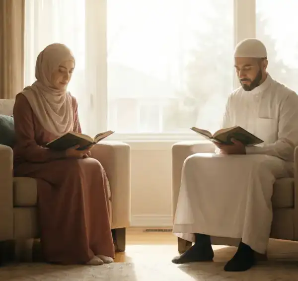 Pasangan suami istri Muslim duduk berjarak membaca Al-Qur'an di ruang tamu yang terang pada siang hari bulan Ramadhan, simbol menahan diri.