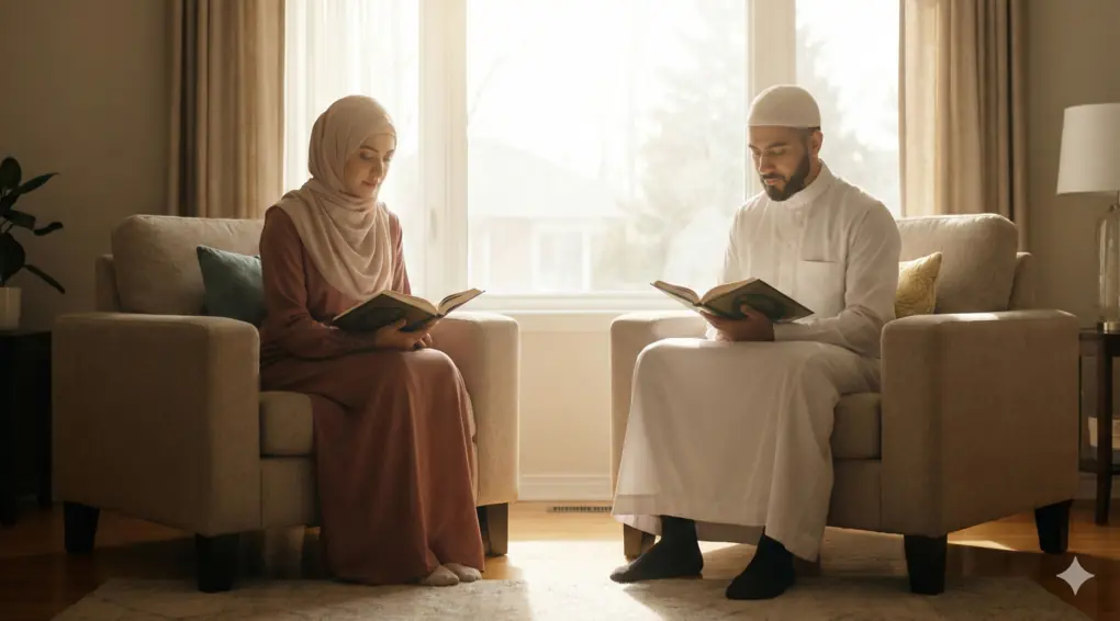 Pasangan suami istri Muslim duduk berjarak membaca Al-Qur'an di ruang tamu yang terang pada siang hari bulan Ramadhan, simbol menahan diri.