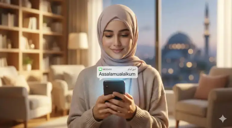 A smiling Muslim woman holding a smartphone displaying a message notification reading **“Assalamualaikum.”** This image illustrates a discussion on the Islamic ruling of responding to greetings (*salam*) on WhatsApp and social media platforms.