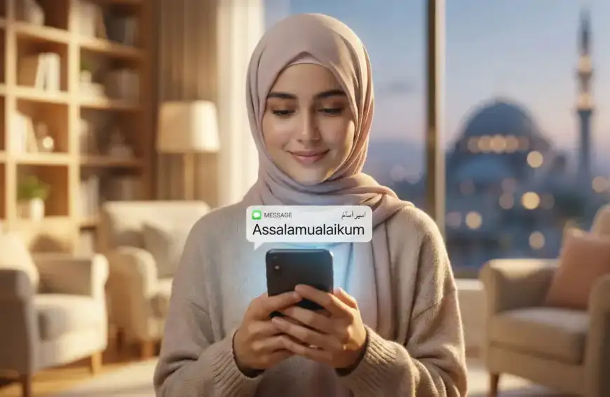 Home 27 Seorang wanita muslimah tersenyum memegang smartphone yang menampilkan notifikasi pesan "Assalamualaikum" di layar. Gambar ini mengilustrasikan pembahasan tentang hukum menjawab salam di WA dan media sosial dalam Islam.
