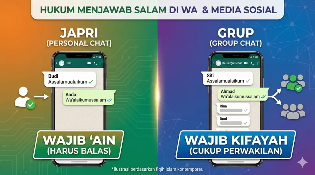 Infografis perbandingan hukum menjawab salam di WhatsApp. Sisi kiri menunjukkan chat pribadi (Japri) dengan status Fardhu 'Ain (Wajib Balas). Sisi kanan menunjukkan chat grup dengan status Fardhu Kifayah (Cukup Perwakilan).