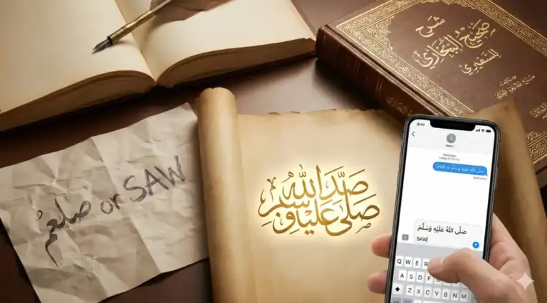 A conceptual illustration contrasting the abbreviated writings “SAW” or “صلعم” on a worn piece of paper with the elegant Arabic calligraphy of **“Ṣallallāhu ʿalayhi wa sallam.”** A hand is seen holding a smartphone displaying a full *ṣalawāt* autotext option, set against a backdrop of the classical book **Sharḥ Ṣaḥīḥ al-Bukhārī** and a feather quill pen.