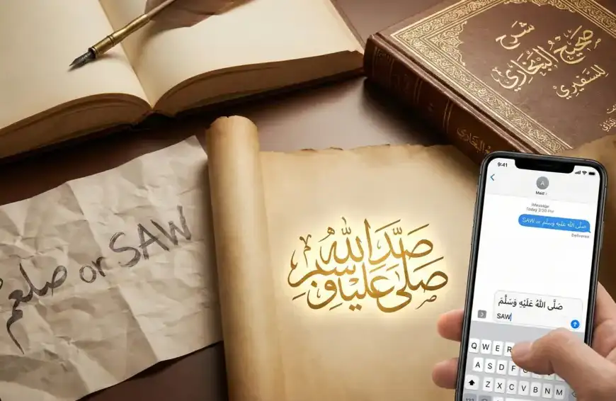 Home 25 Ilustrasi konseptual yang membandingkan tulisan singkatan 'SAW' atau 'صلعم' di kertas lusuh dengan kaligrafi Arab 'Shallallahu 'alaihi wa sallam' yang indah. Terlihat juga tangan memegang smartphone yang menampilkan pilihan autotext shalawat lengkap, dengan latar belakang kitab kuno Syarah Shahih Al-Bukhari dan pena bulu.