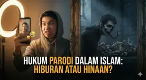 Home 3 A metaphorical featured image illustration showing a content creator making a humorous parody video in front of a camera, while a mirror reflection beside them visualizes a dark and frightening shadow symbolizing the sin of *ghibah* (backbiting).