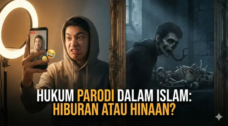 A metaphorical featured image illustration showing a content creator making a humorous parody video in front of a camera, while a mirror reflection beside them visualizes a dark and frightening shadow symbolizing the sin of *ghibah* (backbiting).