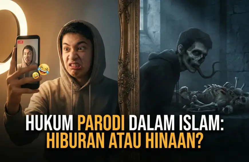 Home 17 Ilustrasi metafora featured image yang menunjukkan seorang konten kreator membuat video parodi lucu di depan kamera, namun pantulan cermin di sebelahnya memvisualisasikan bayangan dosa ghibah yang gelap dan menyeramkan.