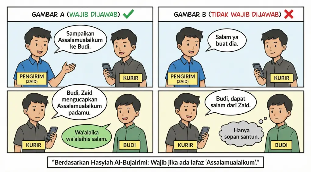 Komik strip dua panel yang menjelaskan hukum salam titipan berdasarkan kitab Hasyiah Al-Bujairimi. Panel kiri (centang hijau) menunjukkan salam dengan lafaz "Assalamualaikum" wajib dijawab. Panel kanan (silang merah) menunjukkan titipan salam tanpa lafaz resmi tidak wajib dijawab.