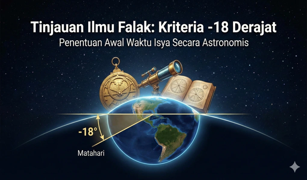 Diagram astronomi yang menunjukkan bola dunia, posisi matahari di sudut -18 derajat di bawah garis cakrawala, serta peralatan falak seperti teleskop, astrolab, dan buku perhitungan untuk menentukan awal waktu Isya.
