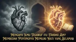 Home 5 A split conceptual illustration. **Left:** A calm human silhouette gazing at its reflection in a pool of clear water under the sunlight. **Right:** A dark silhouette in a gloomy library, with a fractured heart entwined by thorns, beside an old book titled *“The Hidden Heart.”* **Title text above:** *The Dangers of Spiritual Heart Diseases That Are Often Unnoticed.*