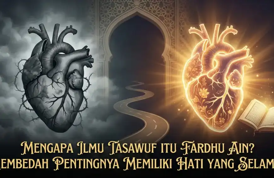 Ilustrasi konseptual yang terbagi dua. Kiri: Siluet manusia yang tampak tenang melihat bayangannya di kolam air yang jernih di bawah matahari. Kanan: Siluet gelap di perpustakaan suram dengan hati yang retak dan dililit duri, di samping buku tua bertuliskan 'Hati Yang Tersembunyi'. Teks judul di atas: Bahaya Penyakit Hati Yang Sering Tak Disadari.