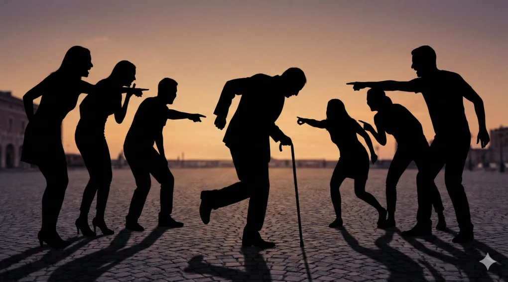 Gambar siluet yang mengilustrasikan perilaku Al-Muhakah, di mana seseorang menirukan gaya jalan orang pincang secara berlebihan sementara orang-orang di sekitarnya tertawa dan menunjuk.