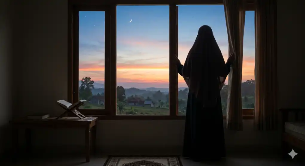 Batas Waktu Sholat Subuh Sampai Jam Berapa? Ini Penjelasan Lengkap Fiqih Syafi'i 2 Gambar ilustrasi seorang Muslimah berhijab sedang menatap ufuk timur yang menampakkan cahaya fajar shadiq, momen penting dalam fiqih untuk menentukan awal waktu shalat subuh yang sah.