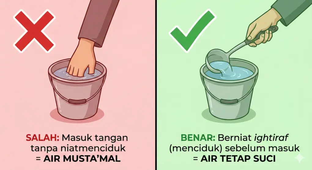 Kupas Tuntas Air Musta'mal: Masalah Niat, Anak Kecil, dan Masalah "Aghraf" 2 Diagram perbedaan cara menciduk air wudhu yang salah (kiri) dan benar (kanan) untuk mencegah air menjadi musta'mal.