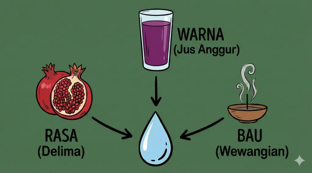 Ilustrasi infografis menunjukkan delima, jus anggur, dan wewangian sebagai standar perkiraan untuk menilai kesucian air.