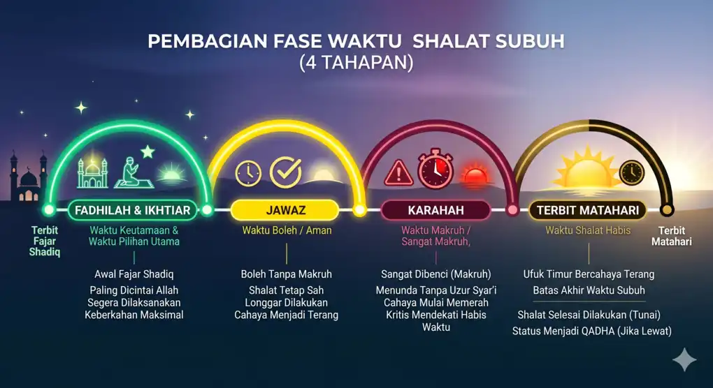 Batas Waktu Sholat Subuh Sampai Jam Berapa? Ini Penjelasan Lengkap Fiqih Syafi'i 4 Panduan visual dan infografis yang menjelaskan 4 tahapan batas waktu sholat subuh menurut mazhab Syafii, meliputi waktu fadhilah, ikhtiar, jawaz, dan waktu makruh (karahah) sesaat sebelum terbitnya matahari.