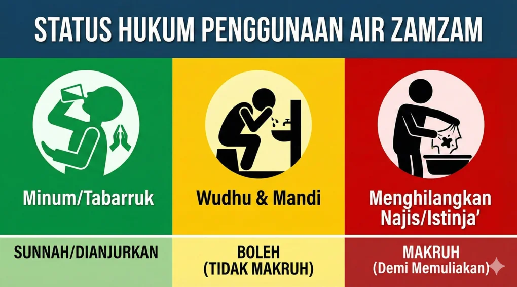 Diagram infografis yang menunjukkan status hukum penggunaan air zamzam untuk minum (sunnah), wudhu (boleh), dan menghilangkan najis (makruh).