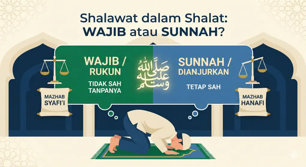 Infografis perbandingan hukum fikih tentang shalawat dalam shalat: Mazhab Syafi'i menyatakan Wajib/Rukun (tidak sah tanpanya), sedangkan Mazhab Hanafi menyatakan Sunnah (tetap sah tanpanya).