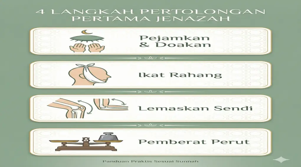 Infografis 4 langkah pertolongan pertama pada jenazah: Pejamkan mata & doakan, Ikat rahang, Lemaskan persendian, dan Beri pemberat di perut.