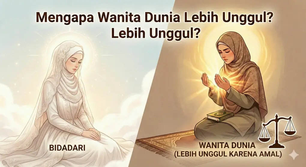 Bidadari Surga vs Wanita Dunia: Siapa Lebih Cantik? Ngaji Syarah Hadits Bukhari 2 Infografis dengan judul besar "Mengapa Wanita Dunia Lebih Unggul?". Sisi kiri menampilkan ilustrasi "Bidadari" berpakaian pengantin muslimah putih duduk pasif. Sisi kanan menampilkan "Wanita Dunia" berhijab sedang berdoa khusyuk dengan cahaya keluar dari tangannya dan Al-Qur'an di pangkuan. Terdapat ikon timbangan di kanan bawah yang menunjukkan sisi wanita dunia lebih berat dengan keterangan "(Lebih Unggul Karena Amal)".