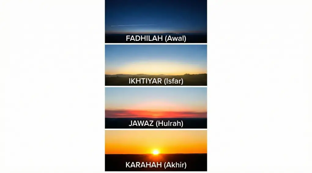 Infografis 4 panel menunjukkan tingkatan waktu sholat subuh: Fadhilah (gelap), Ikhtiyar (isfar/menguning), Jawaz (hulrah/memerah), dan Karahah (akhir/matahari hampir terbit).