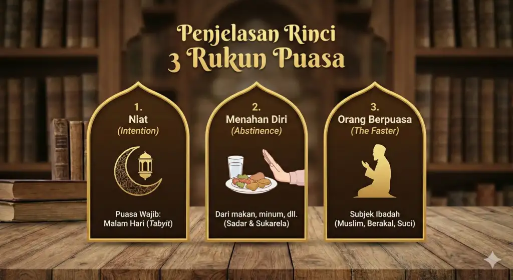 Infografis berjudul 'Penjelasan Rinci 3 Rukun Puasa' yang menampilkan tiga panel kubah emas. Panel 1 menjelaskan detail 'Niat' (khususnya Tabyit untuk puasa wajib). Panel 2 menjelaskan 'Menahan Diri' dari pembatal secara sadar dan sukarela. Panel 3 menjelaskan 'Orang Berpuasa' sebagai subjek ibadah yang harus Muslim, berakal, dan suci.
