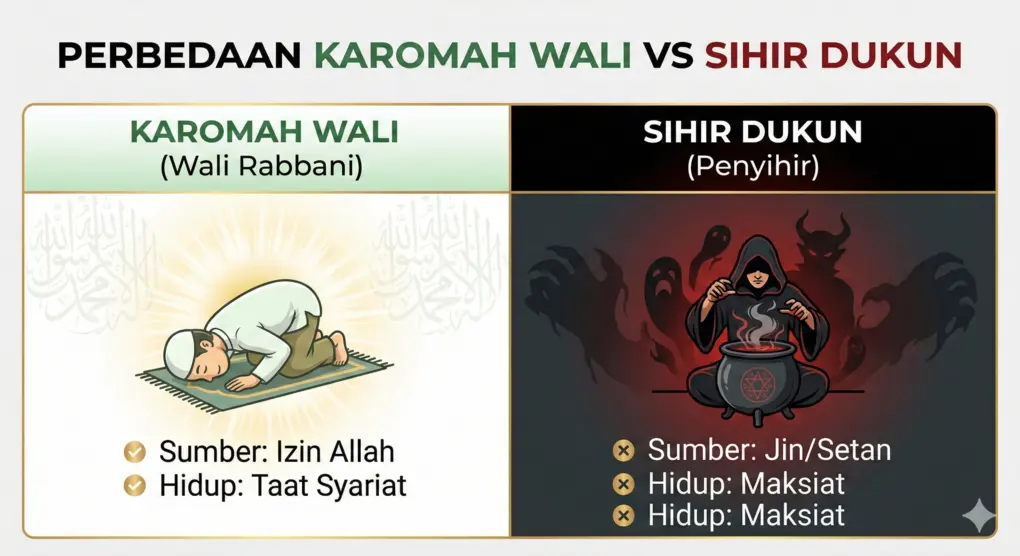 Tabel infografis membandingkan Karomah Wali di sisi kiri (ikon orang shalat, sumber izin Allah, hidup taat syariat) dengan Sihir Dukun di sisi kanan (ikon penyihir dan ritual gelap, sumber jin/setan, hidup maksiat).