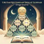 An infographic pyramid diagram displaying the hierarchy of merit for Sunnah prayers according to Shafi'i Fiqh, sourced from the book Asna al-Matalib. The highest rank at the peak features Eid al-Adha and Eid al-Fitr. The middle tier includes Eclipse prayers (Kusuf), Rain prayer (Istisqa), Tarawih, and Witr. The base level contains Qabliyah Subuh, other Rawatib, Duha, Tahiyatul Masjid, and Tawaf prayers. The background features Islamic architecture and a night sky.