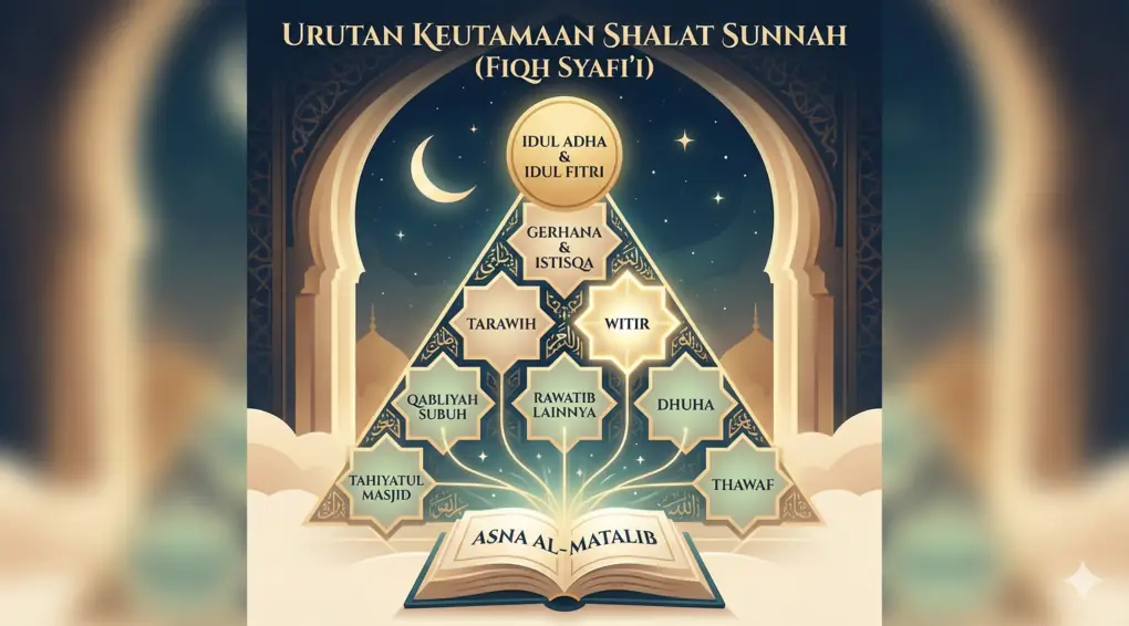 Diagram piramida infografis yang menampilkan urutan keutamaan shalat sunnah menurut Fiqh Syafi'i, bersumber dari kitab Asna al-Matalib. Peringkat tertinggi di puncak adalah Idul Adha dan Fitri, diikuti oleh Gerhana, Istisqa, Tarawih, dan Witir di tingkat tengah, serta Qabliyah Subuh, Rawatib lain, Dhuha, Tahiyatul Masjid, dan Thawaf di bagian dasar. Gambar berlatar belakang arsitektur Islam dan langit malam.