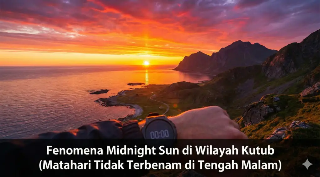 Pemandangan fenomena midnight sun atau matahari tengah malam di wilayah kutub, terkait penentuan jadwal sholat dunia.