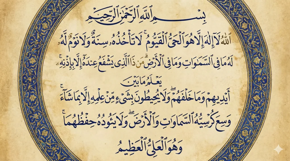 Ayat Kursi dan Dzikir Khusus Saat Anggota Keluarga Sakit atau Merantau 2 Kaligrafi Arab Ayat Kursi (Surat Al-Baqarah ayat 255) yang indah dan jelas.