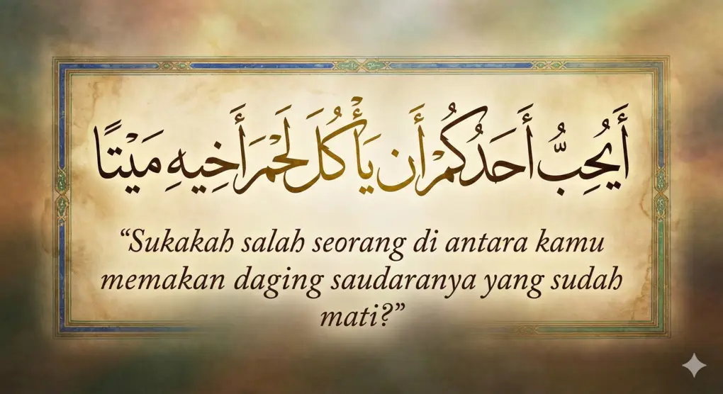 Kaligrafi Arab yang estetik dari Surah Al-Hujurat ayat 12 tentang larangan menggunjing, lengkap dengan terjemahan bahasa Indonesia.