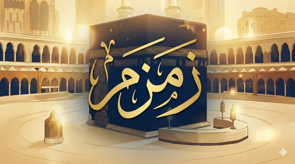 Kaligrafi indah tulisan 'Zamzam' dengan latar belakang artistik Ka'bah, menunjukkan kemuliaan air tersebut.