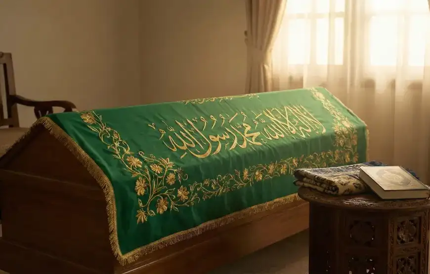 Home 13 Panduan Lengkap Tata Cara Merawat Jenazah: Sebuah keranda jenazah kayu yang ditutupi kain hijau bersulam kaligrafi emas "Laa ilaha illallah Muhammad Rasulullah", diletakkan di ruangan yang tenang dengan cahaya matahari lembut, melambangkan tajhizul jenazah.