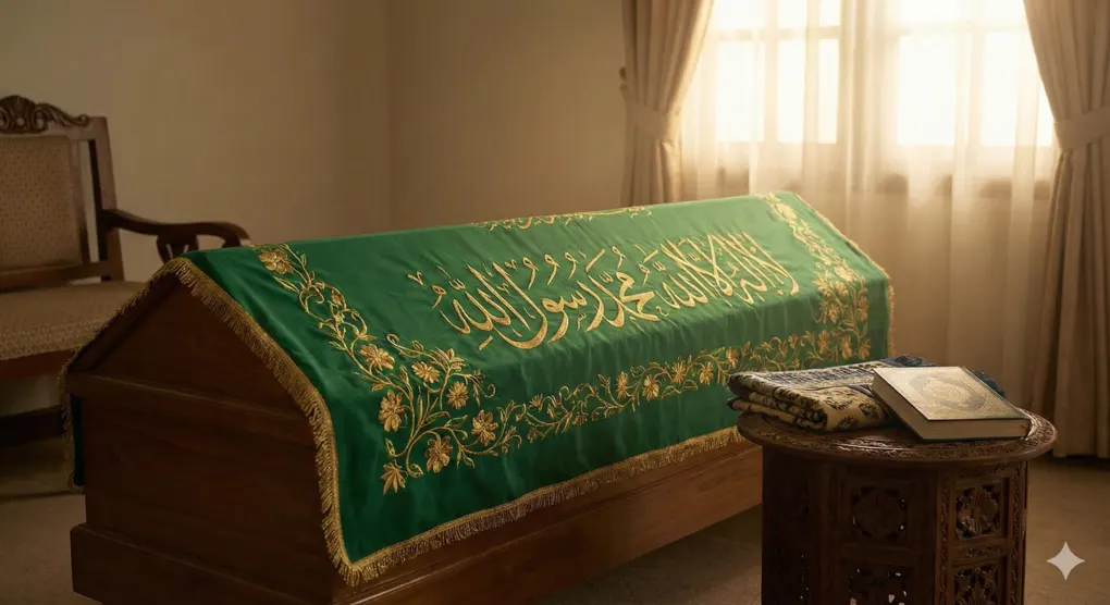 Panduan Lengkap Tata Cara Merawat Jenazah: Sebuah keranda jenazah kayu yang ditutupi kain hijau bersulam kaligrafi emas "Laa ilaha illallah Muhammad Rasulullah", diletakkan di ruangan yang tenang dengan cahaya matahari lembut, melambangkan tajhizul jenazah.