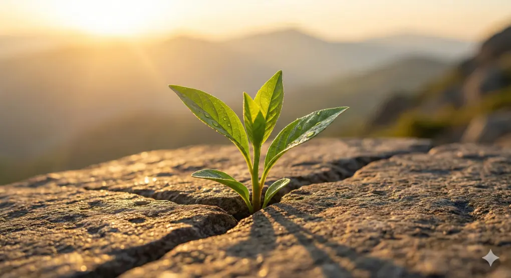 tunas tumbuh di batu karang, simbol kekuatan dzikir Ya Hayyu Ya Qayyum saat menghadapi kesulitan hidup.