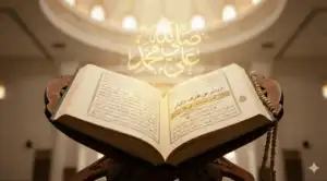 Home 35 A photograph of the antique book **Al-Zawājir ʿan Iqtirāf al-Kabāʾir** by **Ibn Hajar al-Haytami**, opened on a wooden *rehal* inside a mosque. Radiant golden Arabic calligraphy reading **“Ṣallā Allāhu ʿalā Muḥammad”** rises from the pages, symbolizing the blessings and spiritual light of sending ṣalawāt upon the Prophet.