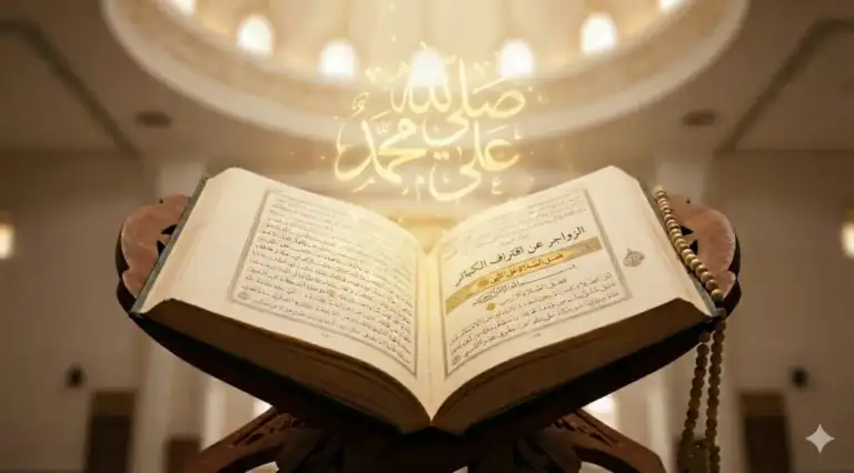 A photograph of the antique book **Al-Zawājir ʿan Iqtirāf al-Kabāʾir** by **Ibn Hajar al-Haytami**, opened on a wooden *rehal* inside a mosque. Radiant golden Arabic calligraphy reading **“Ṣallā Allāhu ʿalā Muḥammad”** rises from the pages, symbolizing the blessings and spiritual light of sending ṣalawāt upon the Prophet.