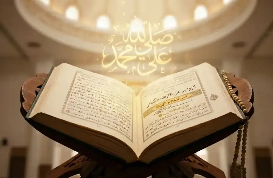 Fotografi kitab antik Al-Zawajir karya Imam Ibnu Hajar Al-Haytami yang terbuka di atas rehal kayu di dalam masjid. Kaligrafi Arab emas bercahaya bertuliskan "صلى الله على محمد" (Shallallahu 'ala Muhammad) mengudara dari halaman buku, melambangkan keberkahan shalawat.