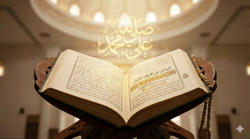 Home 35 Fotografi kitab antik Al-Zawajir karya Imam Ibnu Hajar Al-Haytami yang terbuka di atas rehal kayu di dalam masjid. Kaligrafi Arab emas bercahaya bertuliskan "صلى الله على محمد" (Shallallahu 'ala Muhammad) mengudara dari halaman buku, melambangkan keberkahan shalawat.