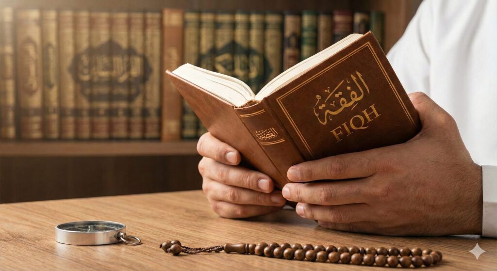 4 Sumber Hukum Islam: Memahami Pondasi Utama Fiqih dan Syariat 2 Close-up tangan seseorang sedang memegang buku tebal terbuka berjudul 'الفقه - FIQH'. Di atas meja kayu di depannya terdapat tasbih kayu dan kompas, dengan latar belakang rak buku perpustakaan yang buram. Ilustrasi belajar hukum Islam dan sumber syariat.
