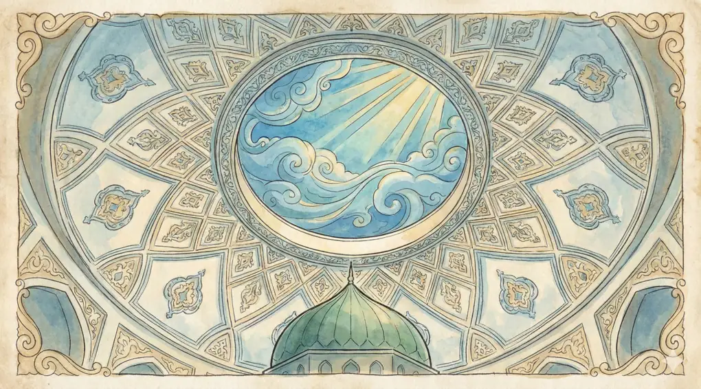 Panduan Lengkap Tawassul: Pengertian, Dalil Shahih, Logika Aqidah, dan Bantahan Tuduhan Syirik 3 Ilustrasi artistik atap kubah Masjid Nabawi yang terbuka ke langit, menggambarkan perintah Aisyah r.a. membuat lubang (kuwah) saat kemarau.