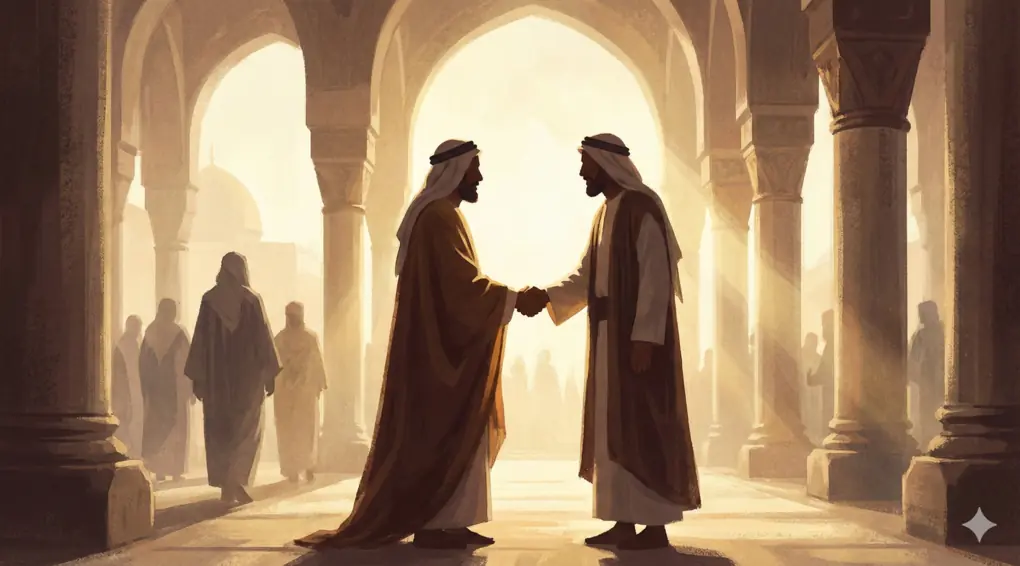 Ilustrasi siluet dua sahabat Nabi berjabat tangan di dalam Masjid Nabawi kuno dengan cahaya matahari yang hangat.