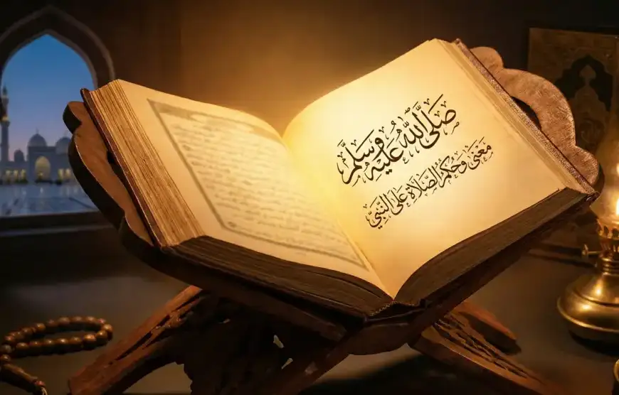 Home 27 Ilustrasi kitab kuning terbuka yang bersinar, menampilkan kaligrafi Arab "Shallallahu 'alaihi wa sallam" dan teks tentang makna serta hukum shalawat kepada Nabi, dengan latar belakang suasana masjid yang khidmat.