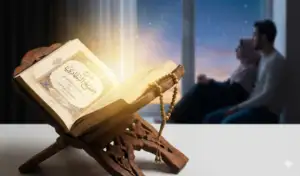 An illustration of an open book bearing the calligraphy **“Sharh Ṣaḥīḥ al-Bukhārī”** placed on a wooden bookstand (*rehal*) with prayer beads, set against a background of a Muslim husband and wife sitting together by a window, gazing at a star-filled night sky.