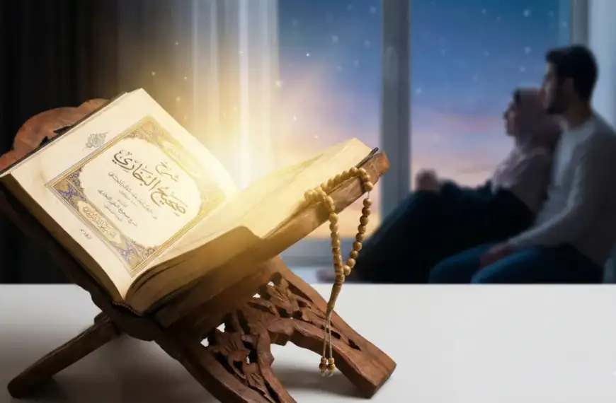 Home 37 Ilustrasi kitab terbuka bertuliskan kaligrafi 'Syarah Shahih Al-Bukhari' di atas rehal kayu dengan tasbih, berlatar belakang pasangan suami istri muslim yang duduk memandang langit malam penuh bintang dari jendela.